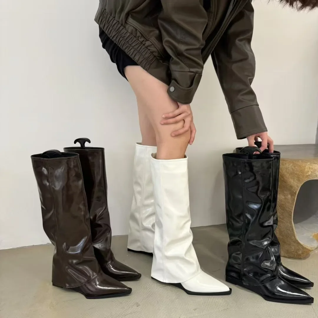 

Women Boots Pointed Toe Solid Color Square Buckle Design 2024 Winter Fashion Women Sexy Long Boots