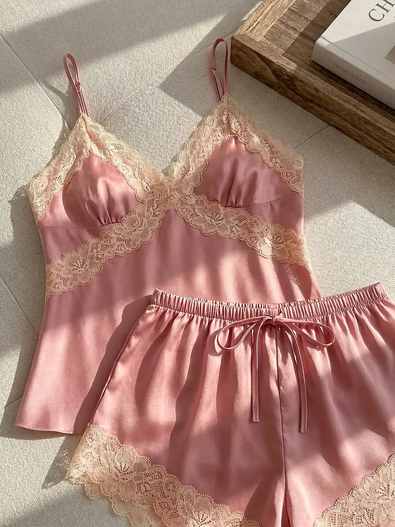 Contrast Lace Satin PJ Set / Pajama Set Female Solid Color Suspender Sleepwear Set Loose Comfortable Nightwear Suit Home Clothes
