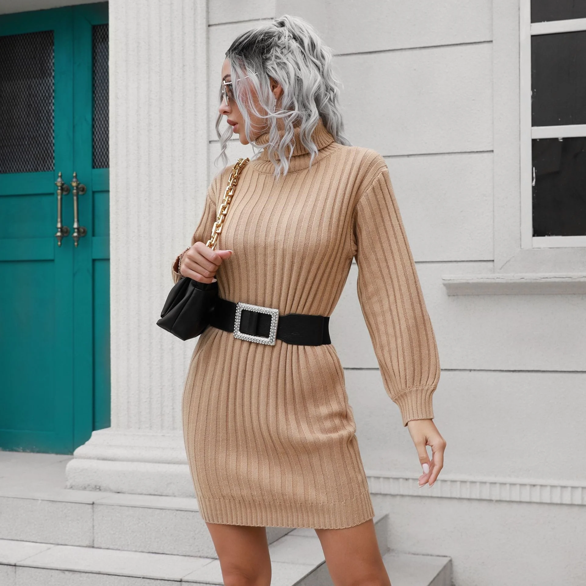 Autumn Winter New Women Pit Strip Turtleneck Sweater Skirt Lantern Sleeve Knitted Belt Short Stripe Dress Female Casual Clothing