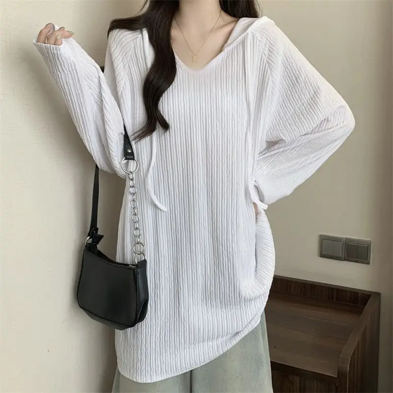 Women Trendy Simple Casual Oversize Hooded T-shirt Korean Solid V Neck Long Sleeve Tees Textured Chic Tunic Tops Female Clothing