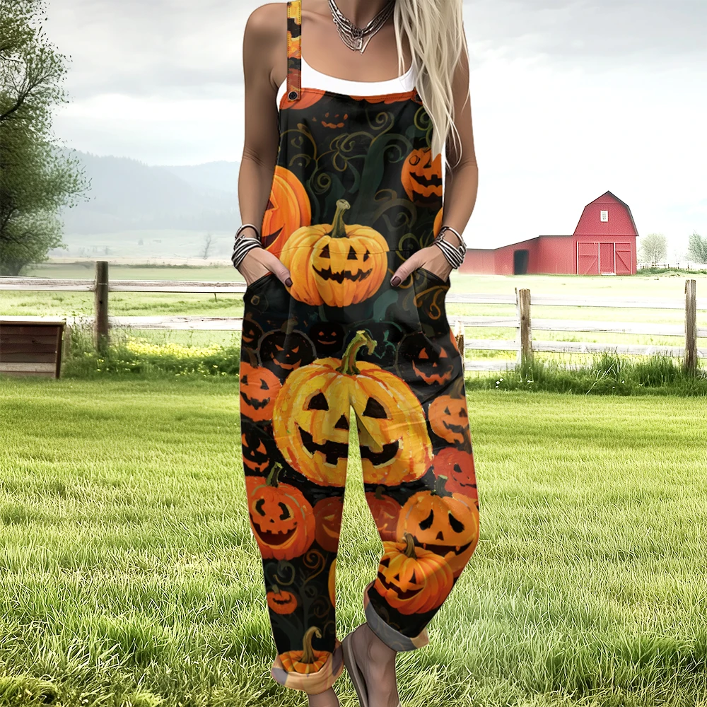 Halloween Pumpkin Skeleton Print Jumpsuit Boho Chic Romper Holiday Overalls Vintage Hippie Chic Rompers Cool Countryside Outfit