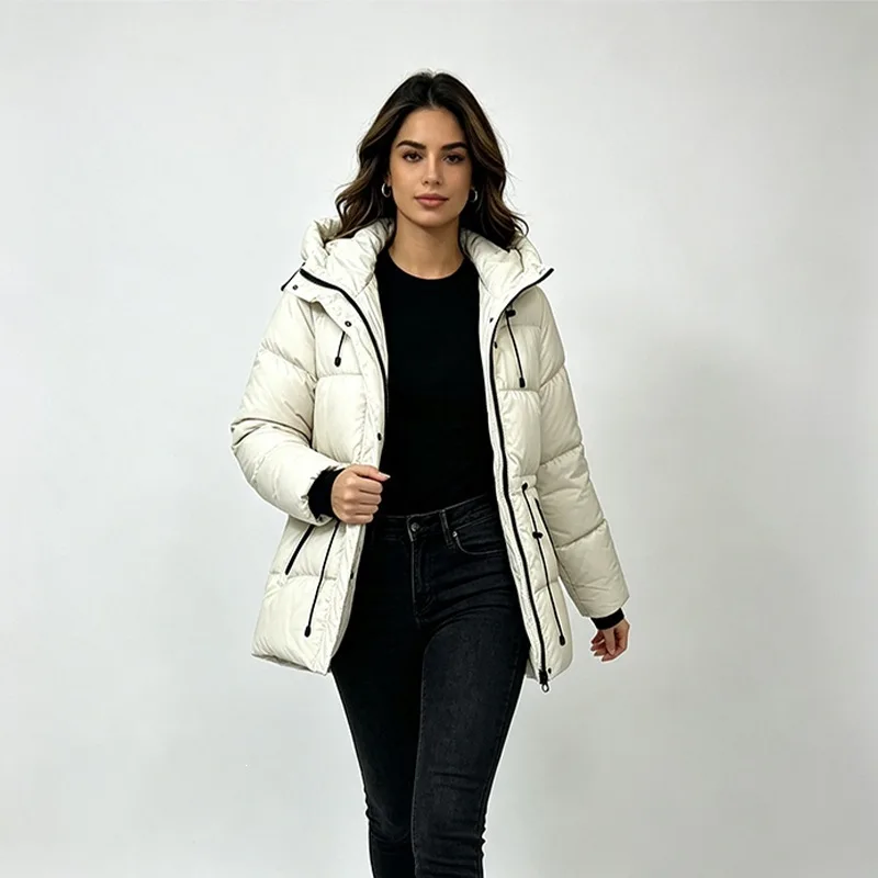 Autumn Winter Women Slim Hooded Padded Jacket 2026 New Solid Waist-cinching Zipper Parka Coat Casual Slim Outwear Overcoat