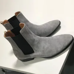 Nowe Grey męskie Chelsea Boots ręcznie robione krowa aksamitne kwadratowe noski do połowy pięty, modne codzienne męskie buty do kostek