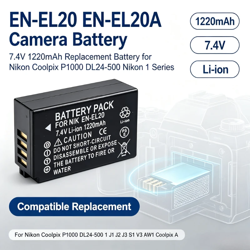 New 7.4V 1220mAh EN-EL20 EN-EL20A Batteries for Nikon Coolpix P1000 DL24-500  for Nikon 1 J1 J2  J3 S1 V3 AW1 Coolpix A Battery