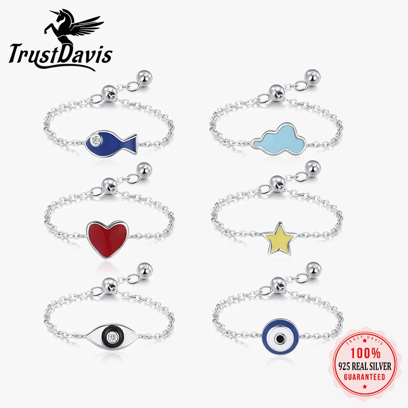 Trustdavis Ring aus echtem 925er Silber, modisch, niedliches Muster, Stern, Wolke, Herz, verstellbarer Ring für Damen, tägliches Tragen, Schmuck, Geschenk, DS4304