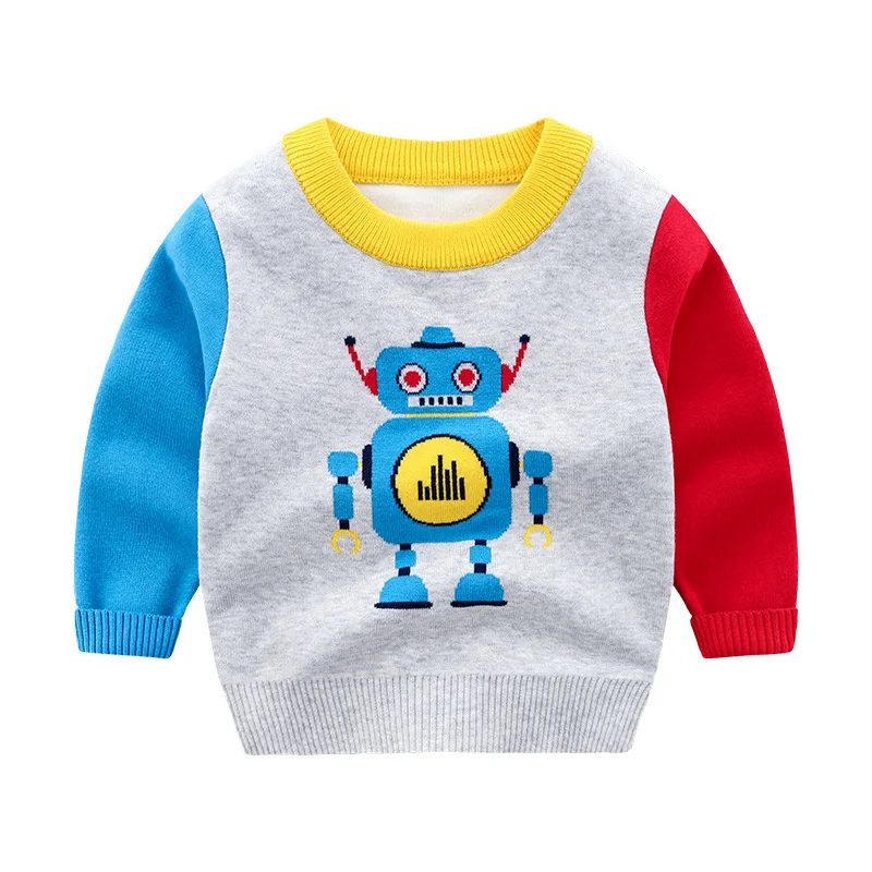 Boys' Casual Color Block Cartoon Robot Print Long-Sleeve Sweater Autumn Stylish O-neck Knitted Pullover for Kids 2-7 Years