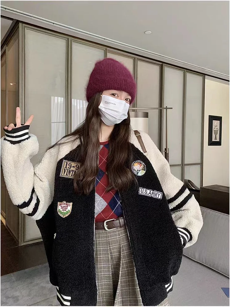 معطف نسائي من فراء الخروف من Thiened معطف بيسبول دافئ النسخة الكورية مجموعة الخريف المرقعة ملابس خارجية #5