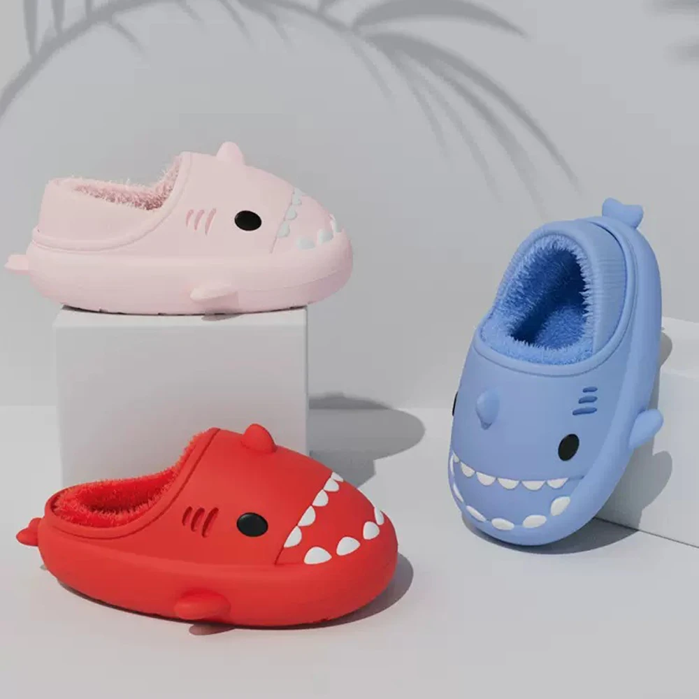 Gacimy Plush Shark Slippers For Women Winter Soft Soles Home Cartoon Shark Cotton Shoes Couple Indoor Waterproof Platform Slides