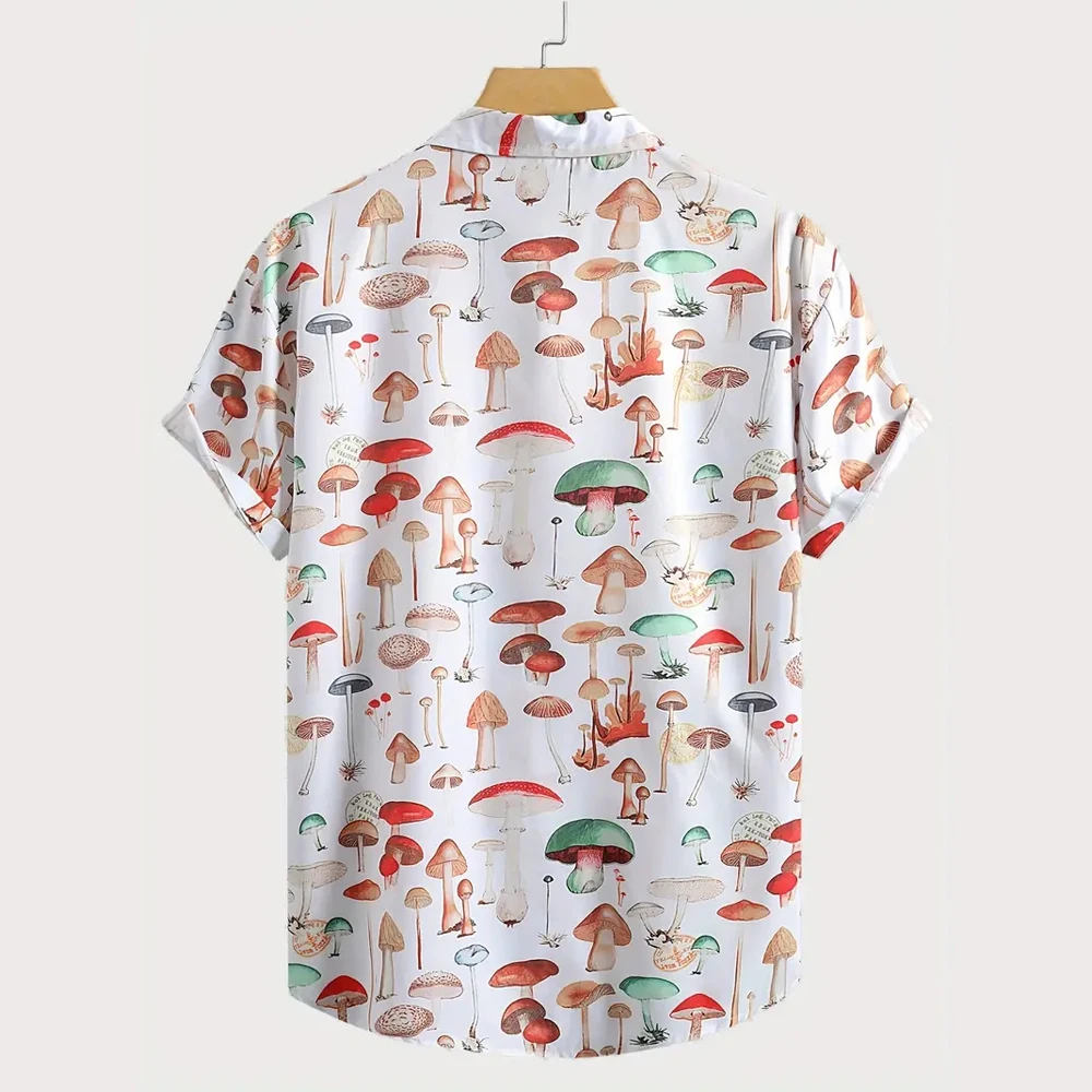 Men's Casual Button-Down Shirt with Cute Mushroom Print Pattern, Short-Sleeved Lapel Top, Spring and Summer Vacation Shirt, Thin