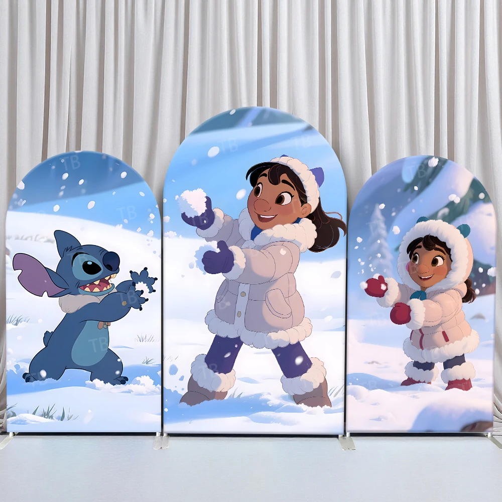 

Stitch Theme Arch Backdrop Cover Winter Snow for Kids Birthday Baby Shower Party Decoration Fabric Photo Background Wall Props