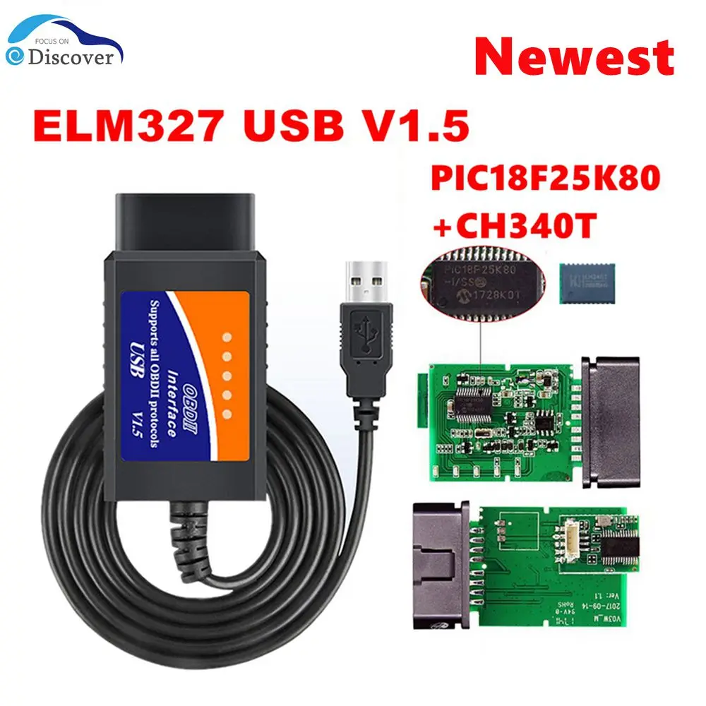 

Newest ELM327 USB 1.5 With PIC18F25K80 Chip Car Diagnostic Cable ELM327 USB V1.5 OBD2 Scanner Support Most OBDII Protocols