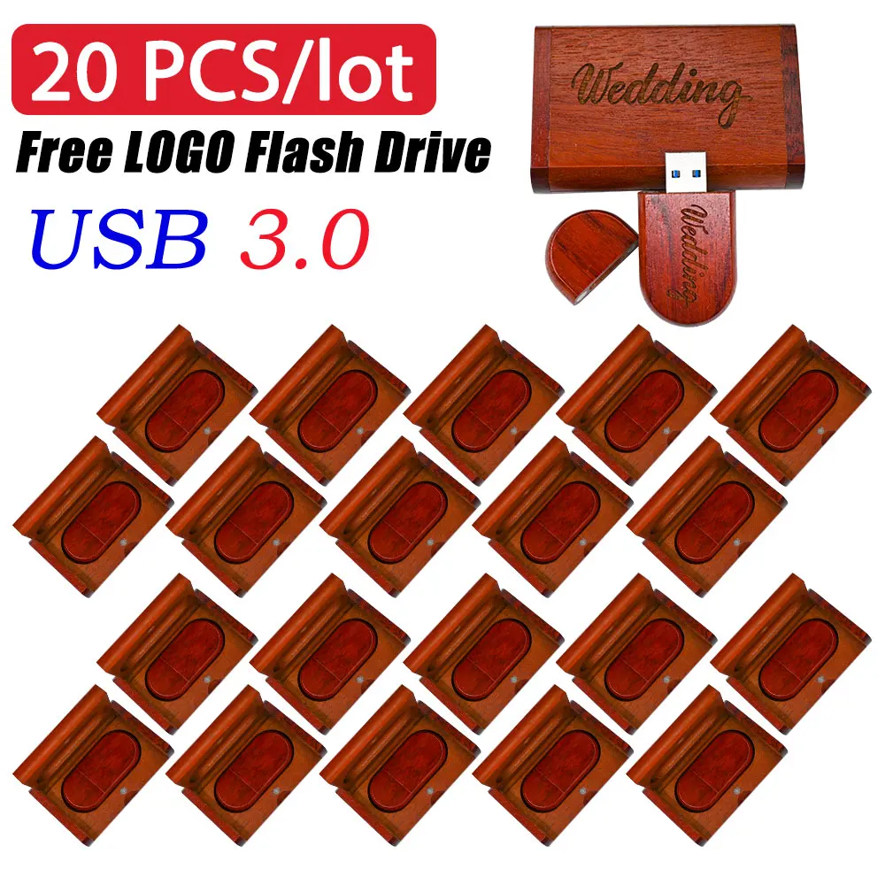 20PCS Free Custom Logo Wooden + Box Usb 3.0 Flash Drive 4GB 8GB Creative Pen Drive 16GB 32GB 64GB 128GB Memory Stick U Disk