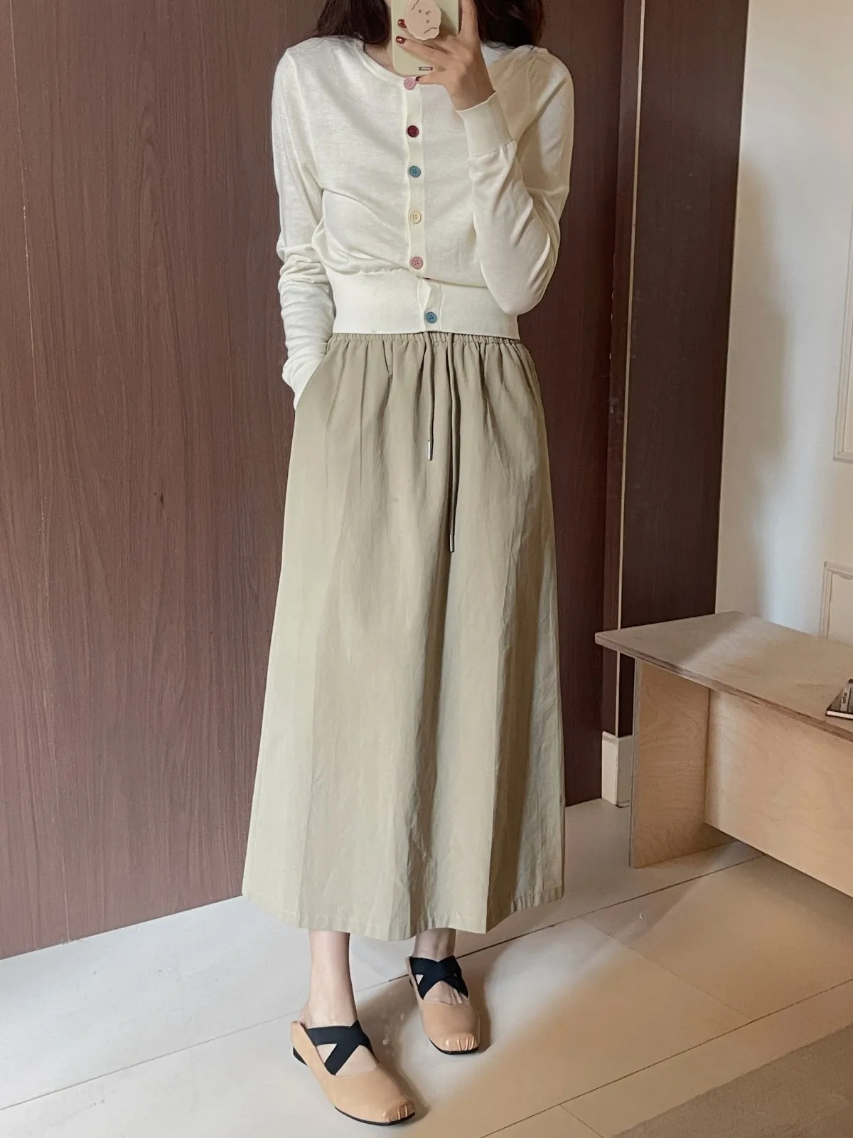 

ZHISILAO Fashion Khaki Long Skirt Women Elegant Solid 100% Cotton Skirt Autumn Winter 2024