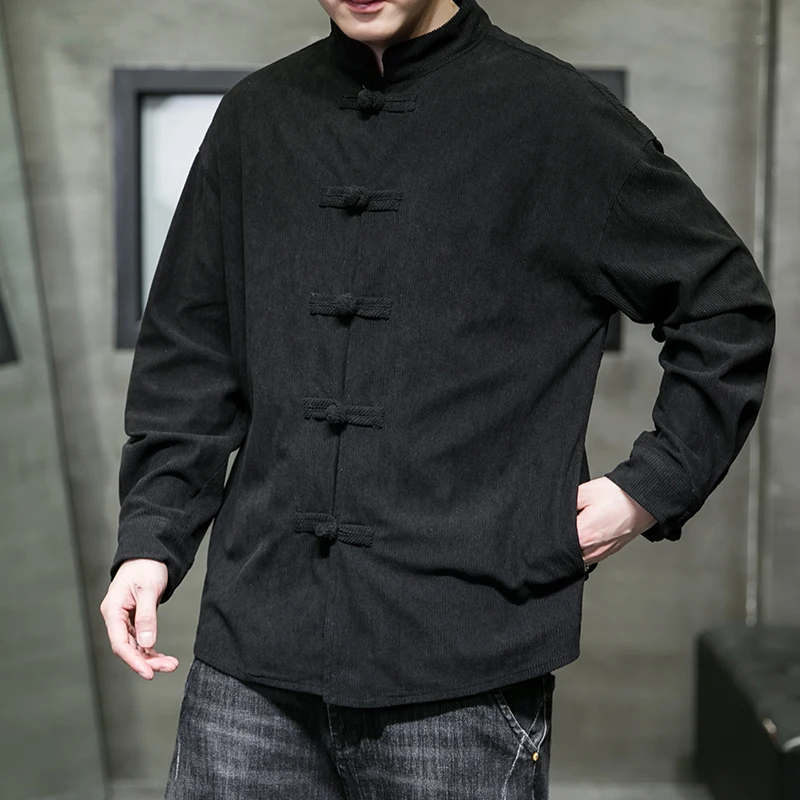 chinese style solid color Shirts for Men Corduroy Buckle Long-sleeved Shirt Autumn and Winter Tang Coat Zhongshan Coat
