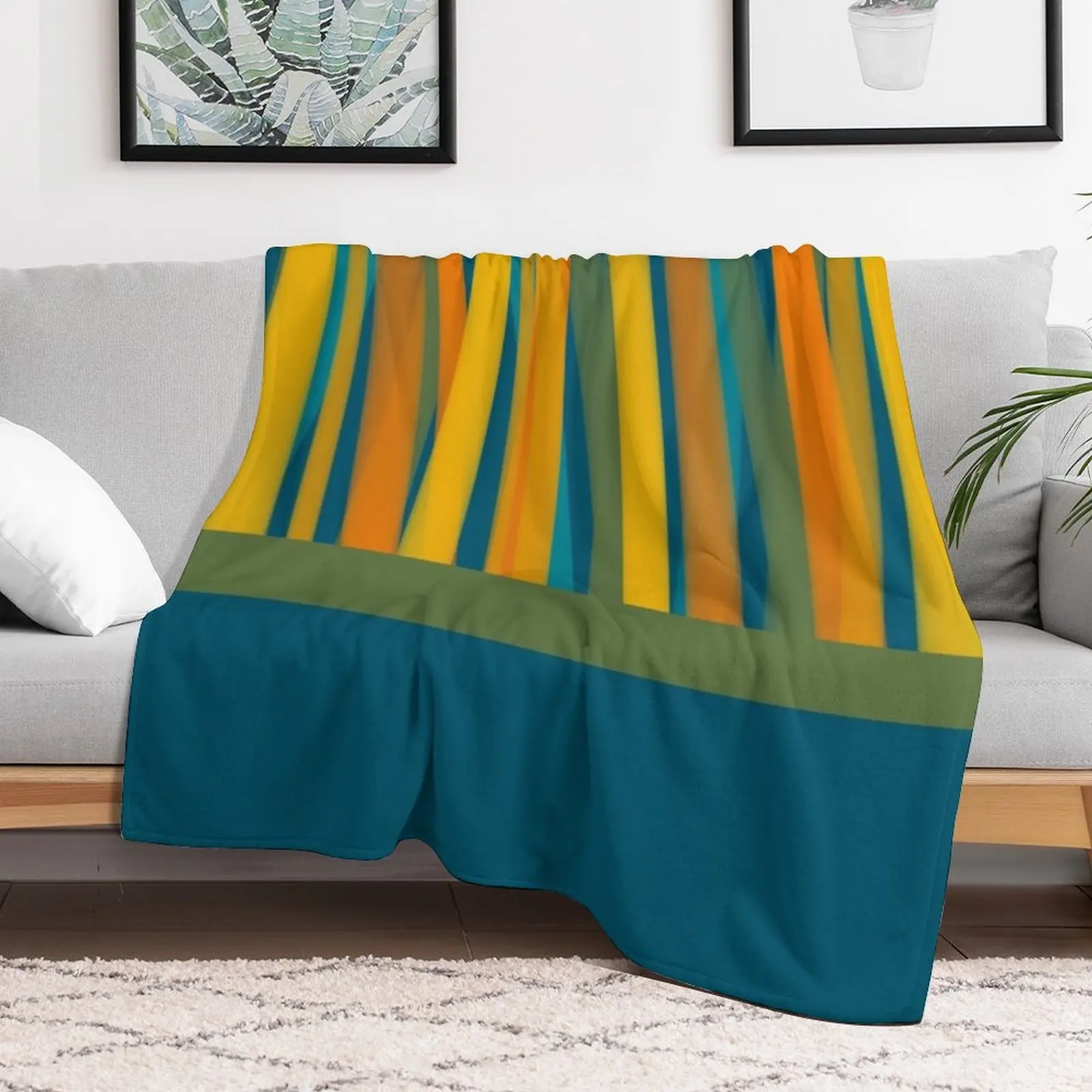 Ribbon Stripe Lined Cuff Color Block Pattern in Moroccan Blue, Mustard, Orange, Teal, and Green Throw Blanket Hair Blankets