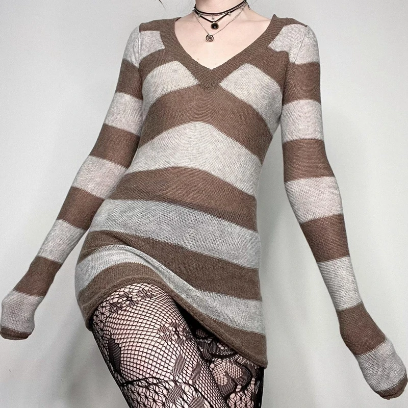 E-girl Mall Goth Emo 00s Vintage Mini Dress Y2K Grunge Striped Knitted V Neck Sweater Dress Women Autumn Spring Slim Fit Jumpers