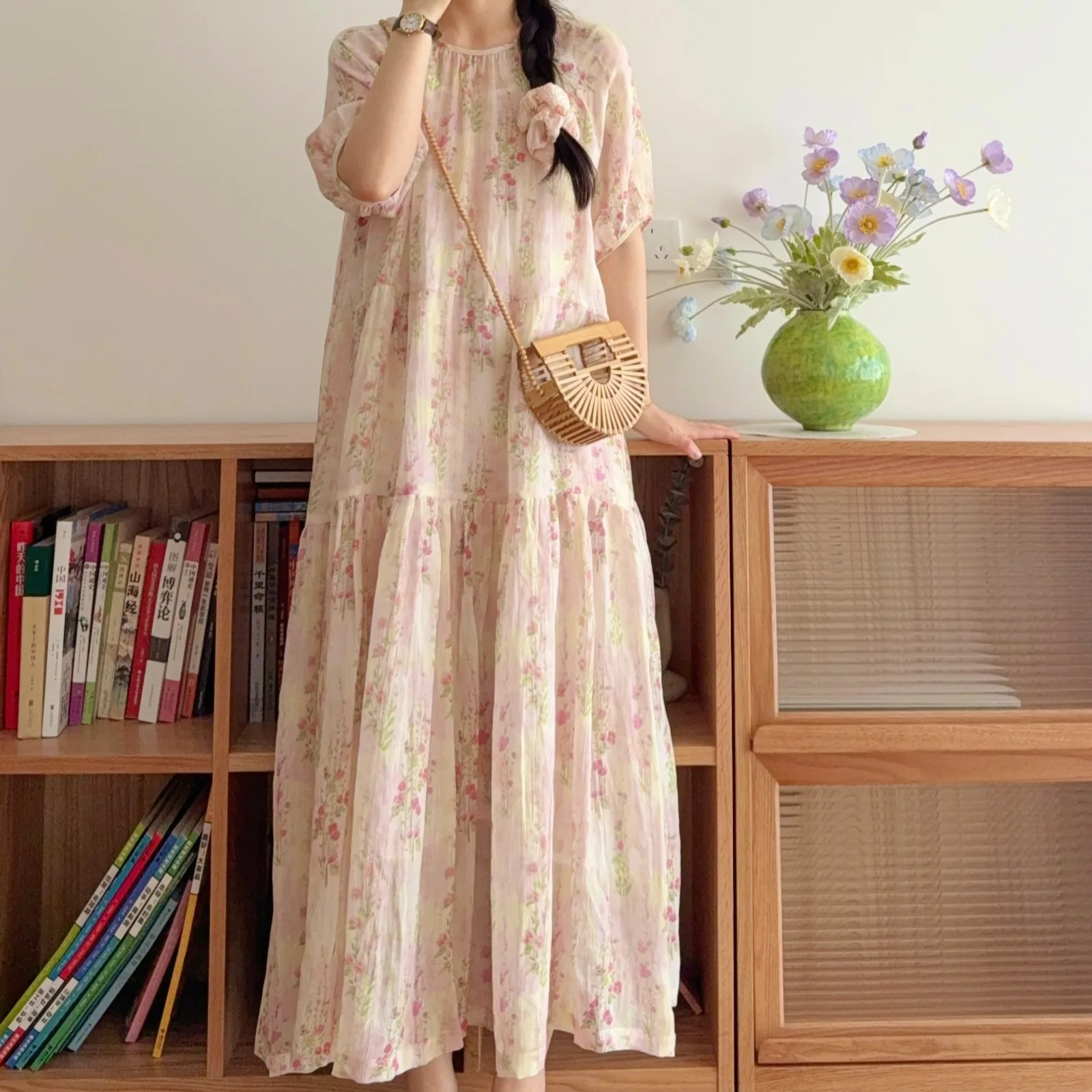 Abito estivo da donna 2025 in cotone e lino floreale Abito lungo ampio e sottile Boho Casual Beach