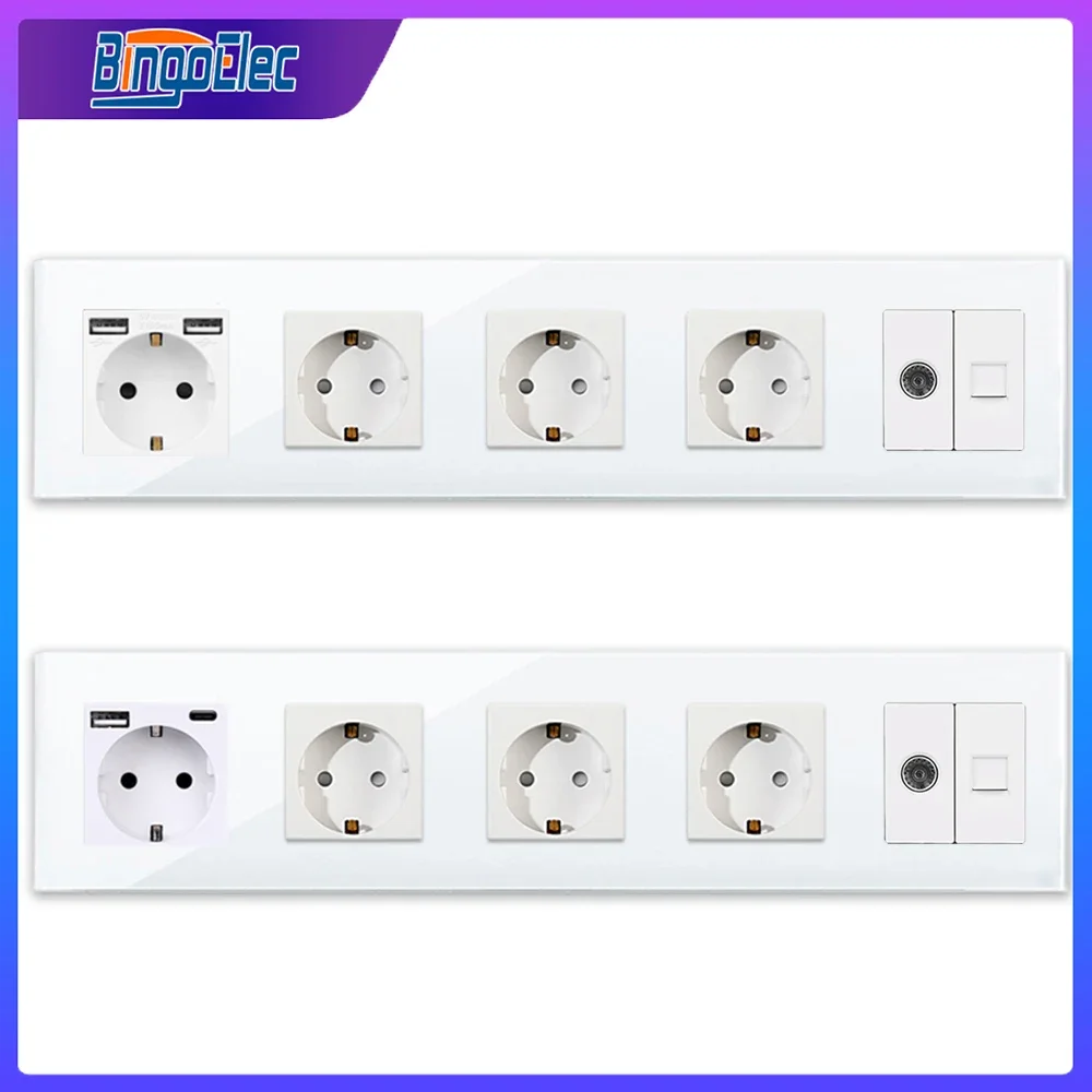 Tomada de Parede Bingoelec Tomada Usb Dupla Painel de Vidro para Casa tv pc Rússia Padrão da ue Cat6 Usb Tipo-c Saídas