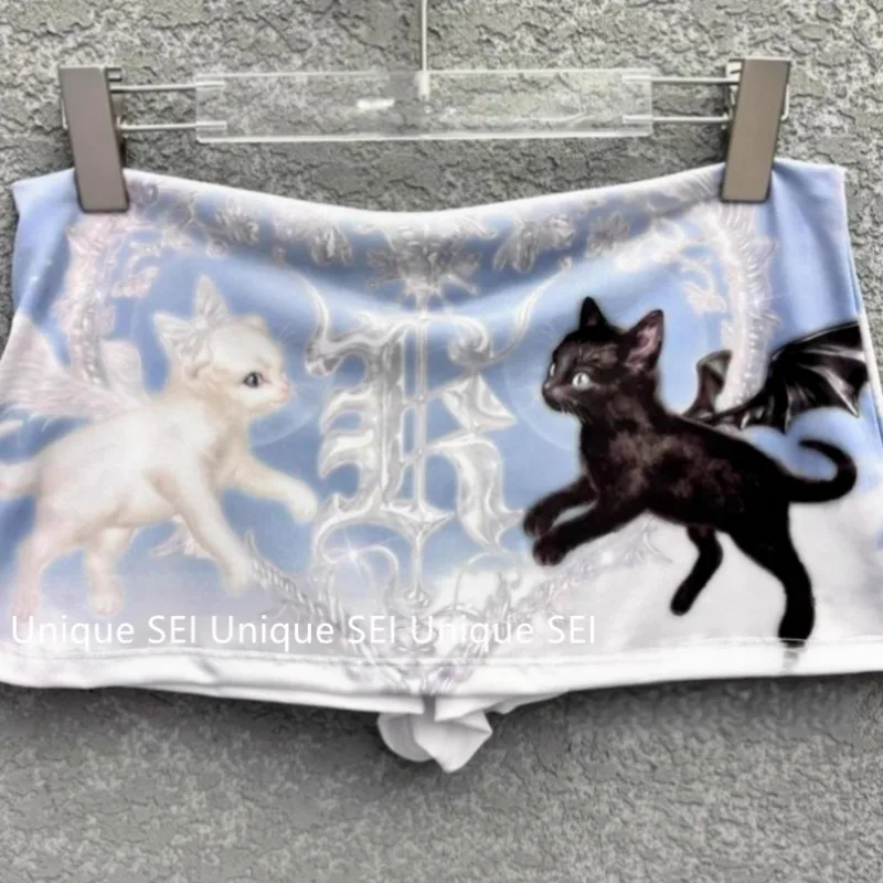 الكورية الشارع Y2k أسود أبيض القط الشرير سترة للنساء عالية الخصر Bodycon كل مباراة السراويل التنانير 2025 صيف جديد قطعتين مجموعات