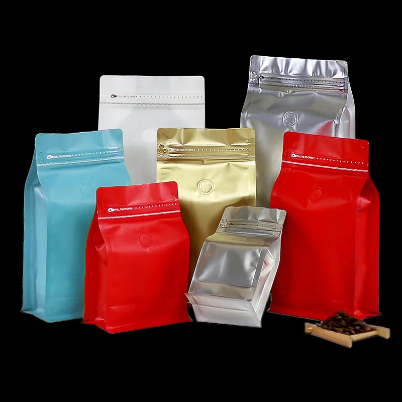 50pcs Aluminum Foil Coffee Bag Zipper Air Valve Fruit Tea Bag Eight-sided Seal Coffee Bean Bag Food Packaging Self-standing Bag