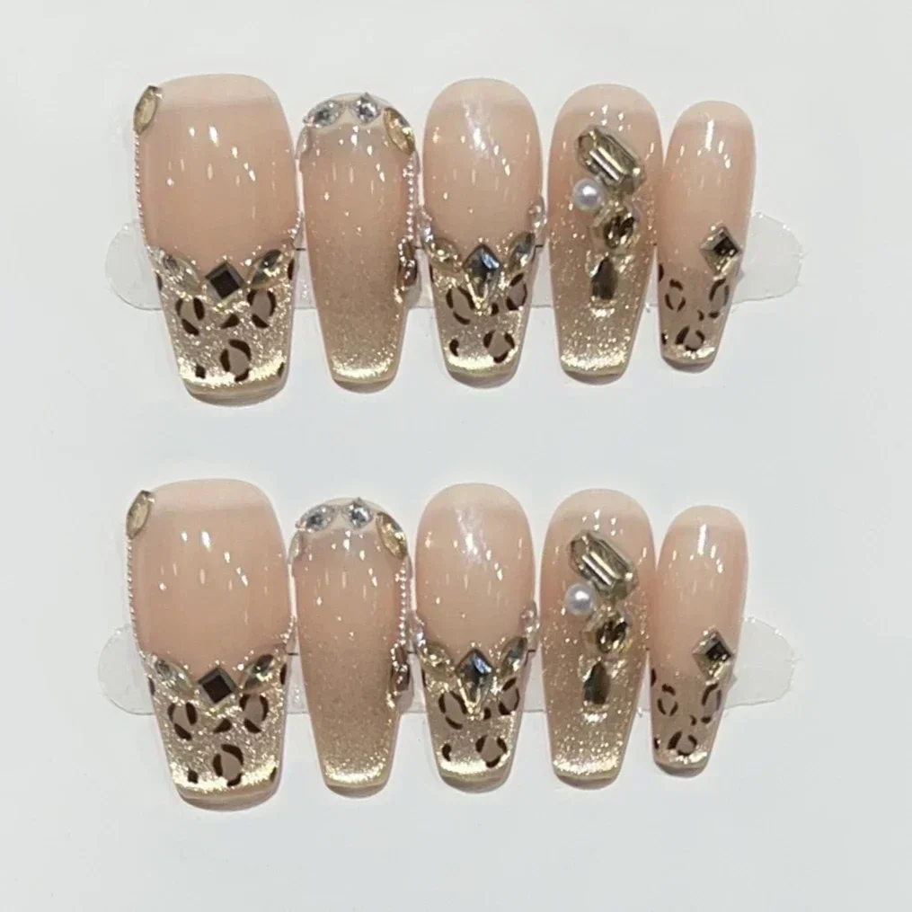 10Pcs Extravagant Handmade Press on Nails Autumn Leopard Print Rhinestone False Nails French Cat Eye Ballet Wearable Manicure