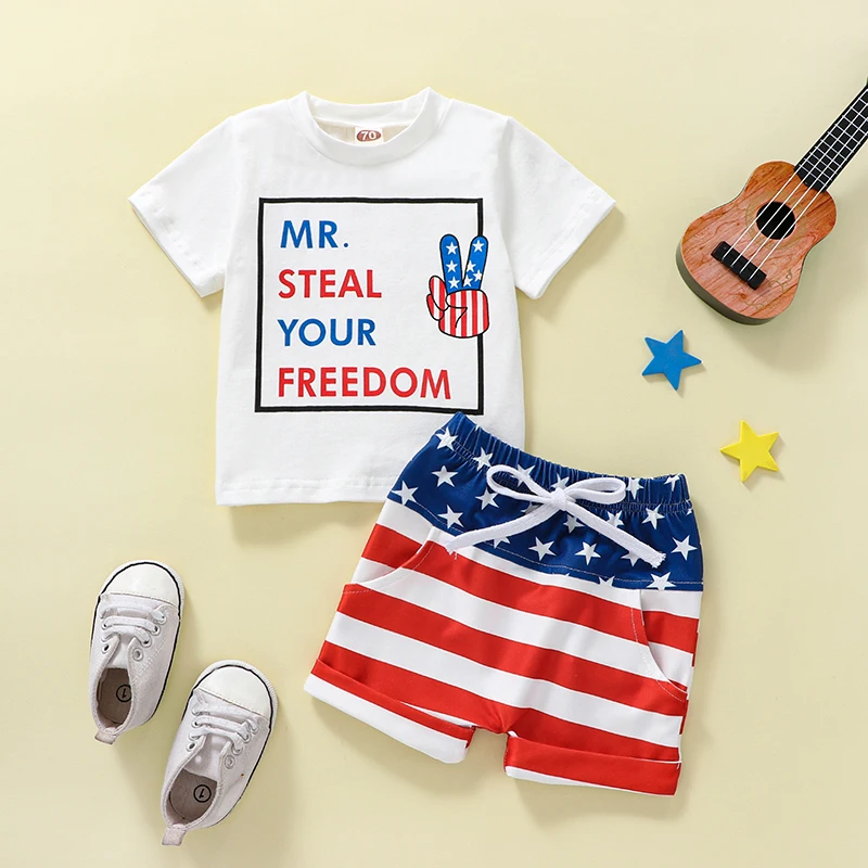 2023-04-11 Lioraitiin Independence Day Baby Boys Outfits Summer Letter Print Short Sleeve T-Shirt Star Stripe Shorts Set