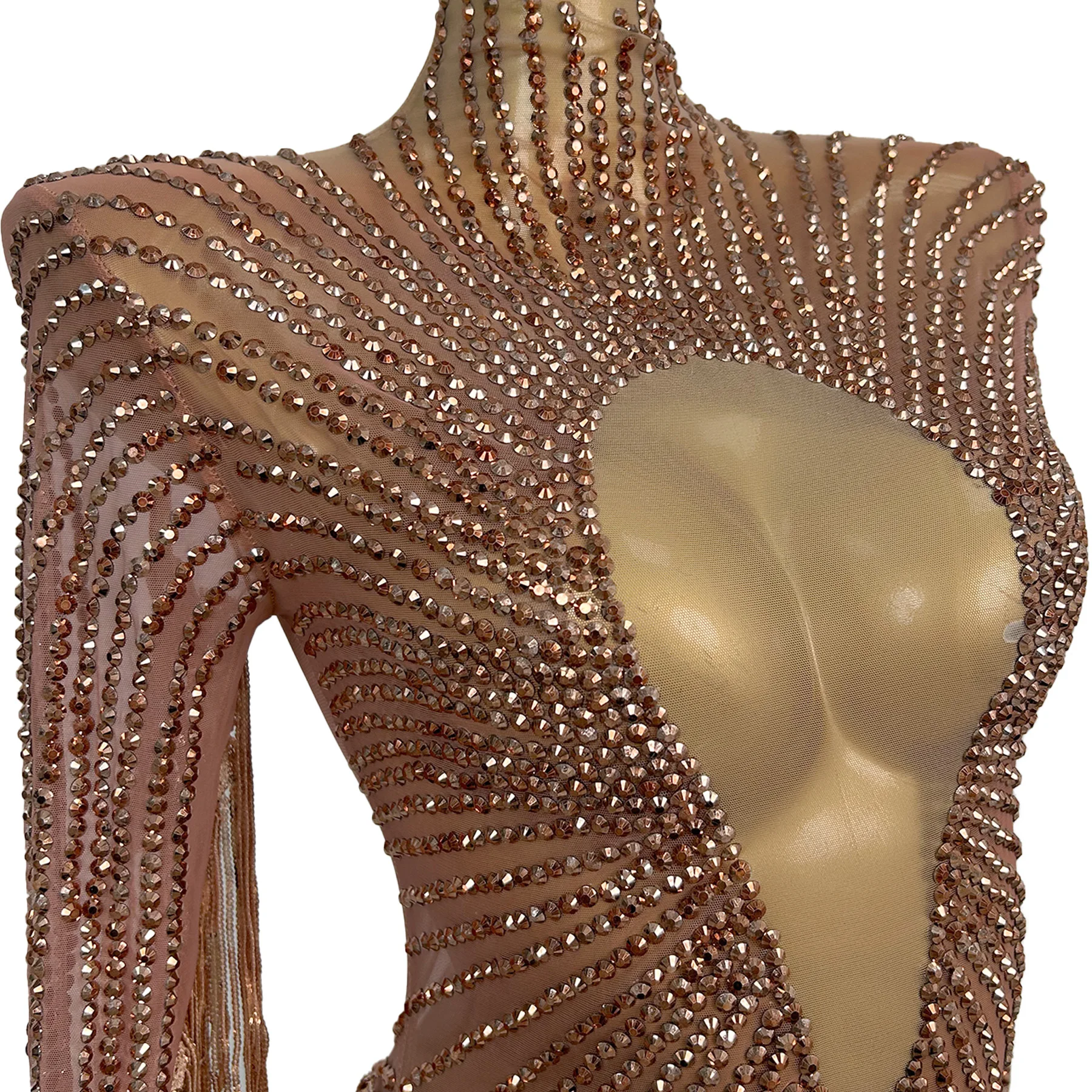 

Shandong Sparkling Golden Rhinestone Dress Sexy Hollow Mesh Tassel Skirt Bar Performance Outfit Birthday Cocktail Prom Gowns