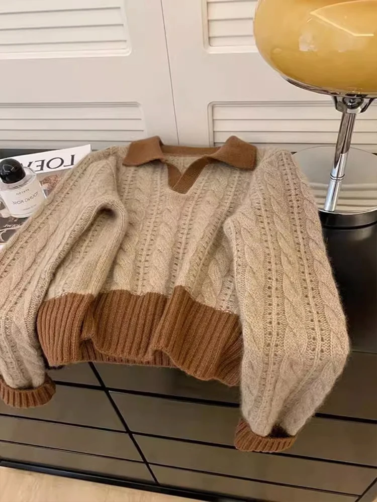 Sweter damski z dzianiny w stylu retro, luźny, swobodny, miękki i przytulny, idealny na wiosnę i jesień, długi rękaw, jednolity kolor.