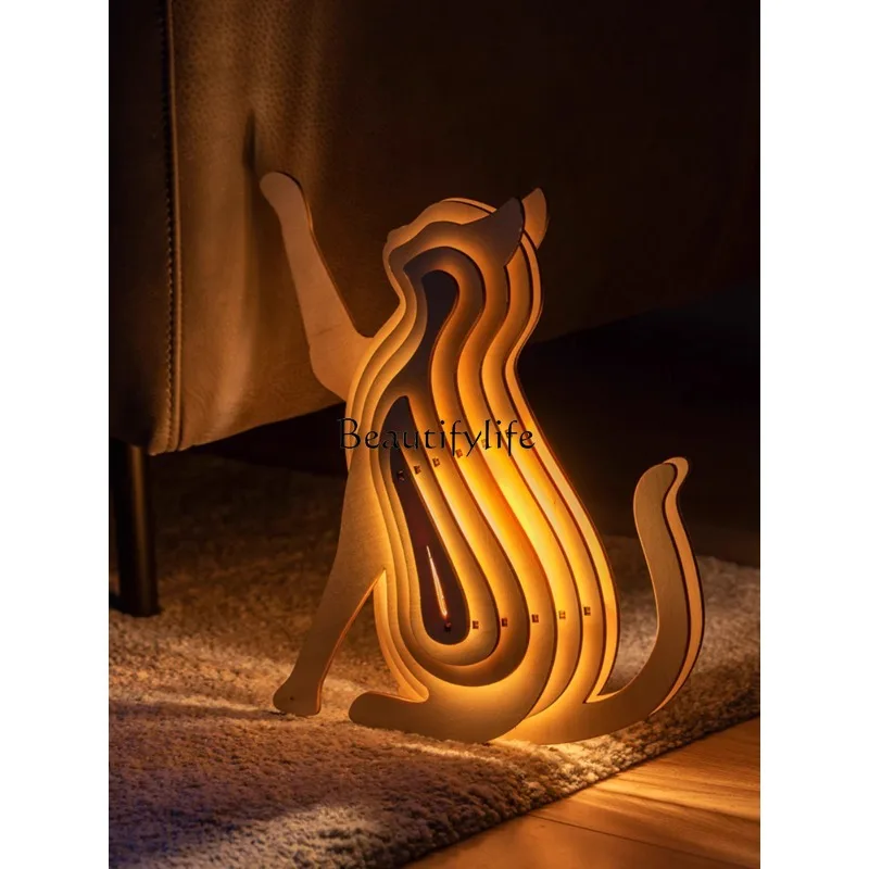 Wooden Cat Small Ornaments Luminous Home Atmosphere Creative Decoration Handmade Birthday Gift