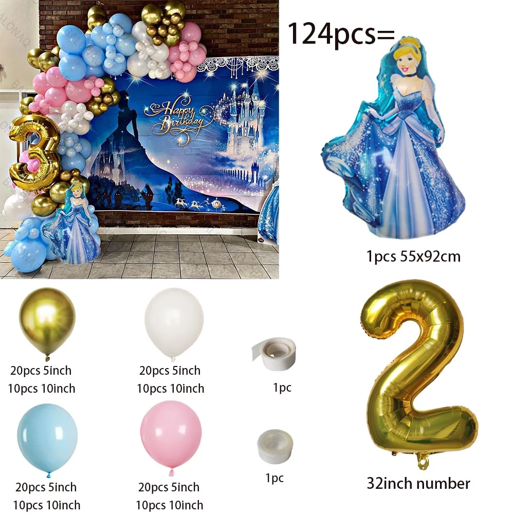 124pcs Disney Cinderella Princess Balloon Set Gold Number Foil Balloons Girl Kids 1st Birthday Party Baby Shower Decorations