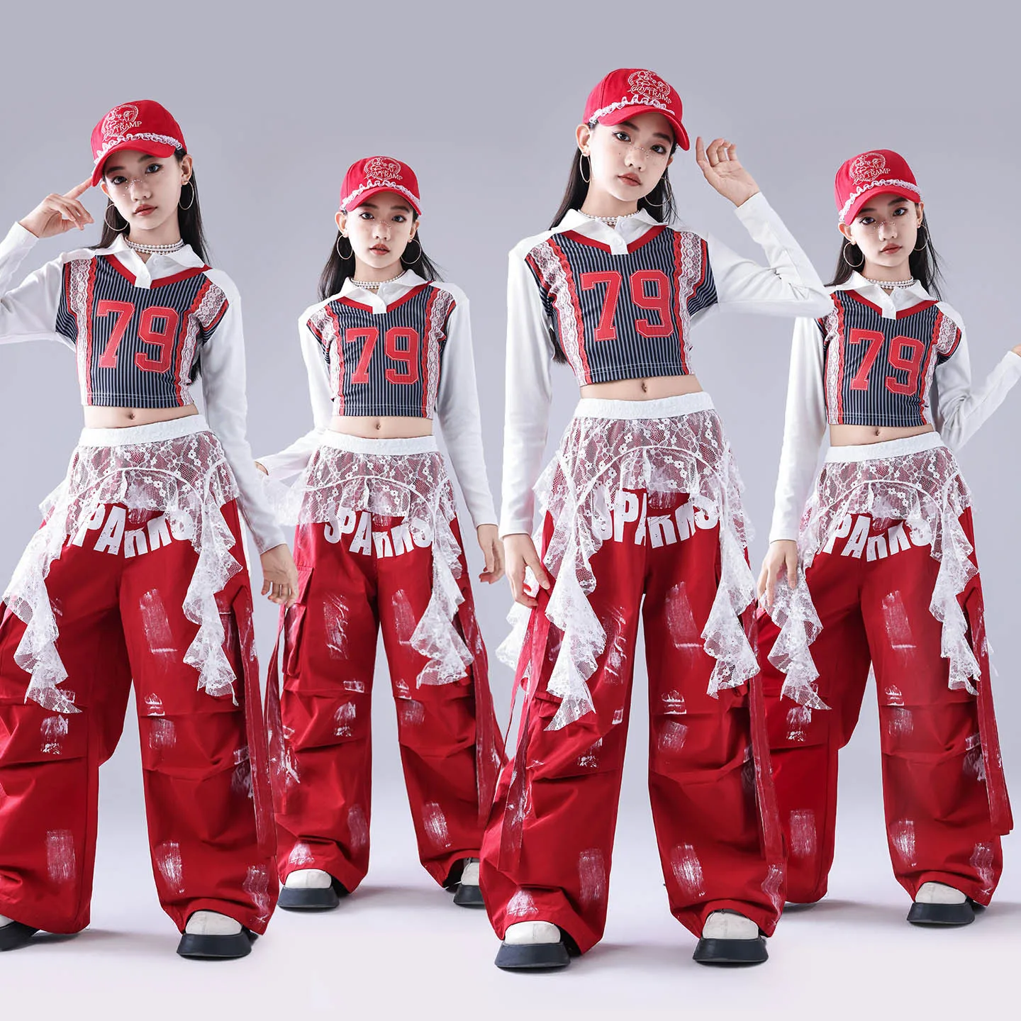 

K-pop милые красные кружевные укороченные топы для девочек, комплекты одежды в стиле хип-хоп, детские рваные джинсовые штаны для джаза, детская уличная одежда, костюм для уличных танцев