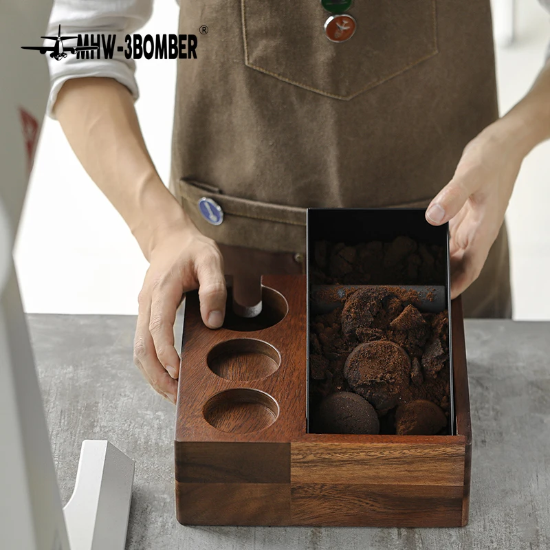 MHW-3BOMBER 4 In 1 Espresso Knock Box Vintage Tamping Stand Wooden Base & Anti-slip Silicone Coffee Distributor & Tamper Holder