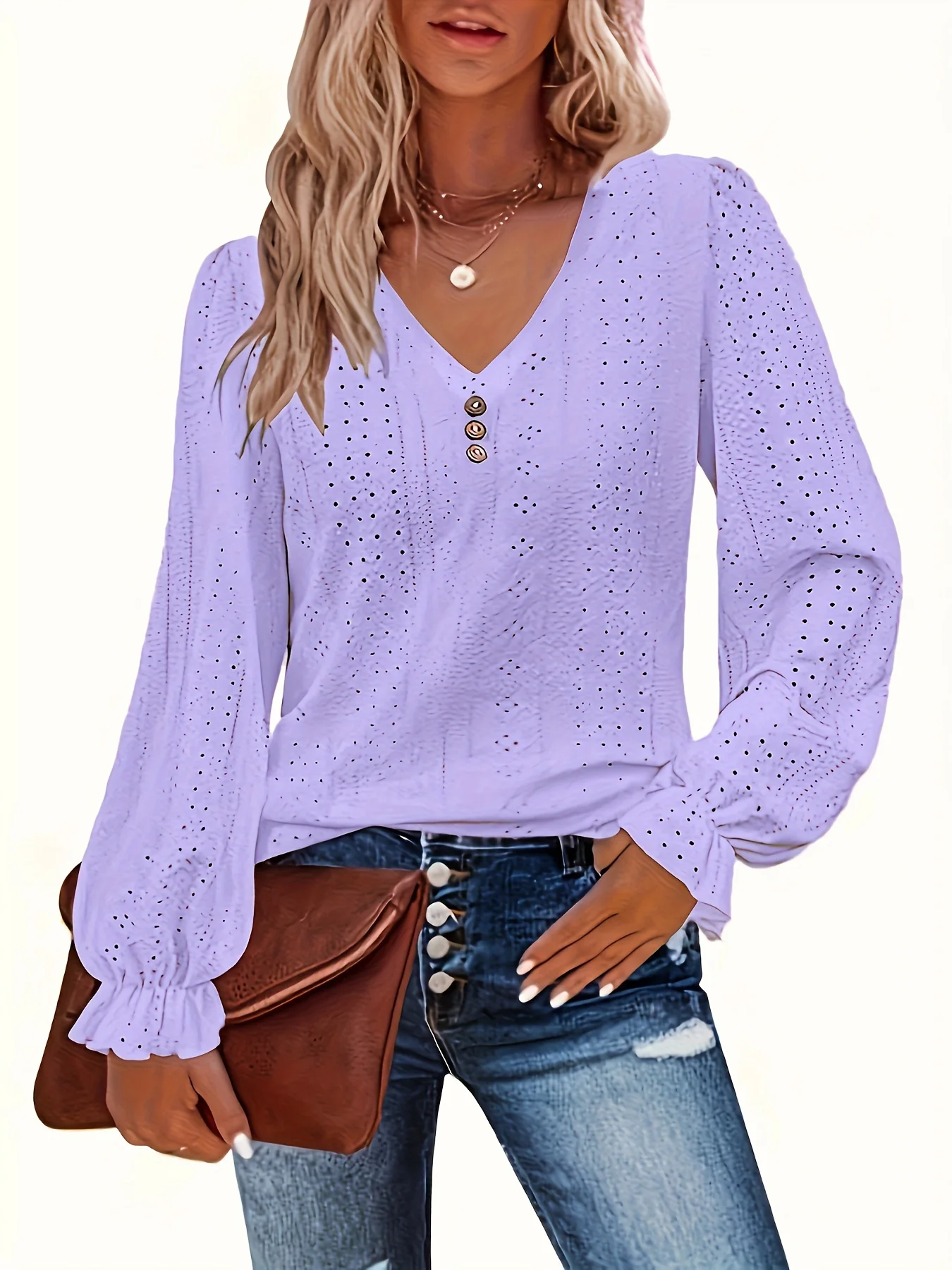 Plus Size T-Shirt mit Ösenknopf-Dekor, lässiges V-Ausschnitt-Langarm-Top für Frühling und Herbst, Damen-Kleidung in Übergröße – Detail 17