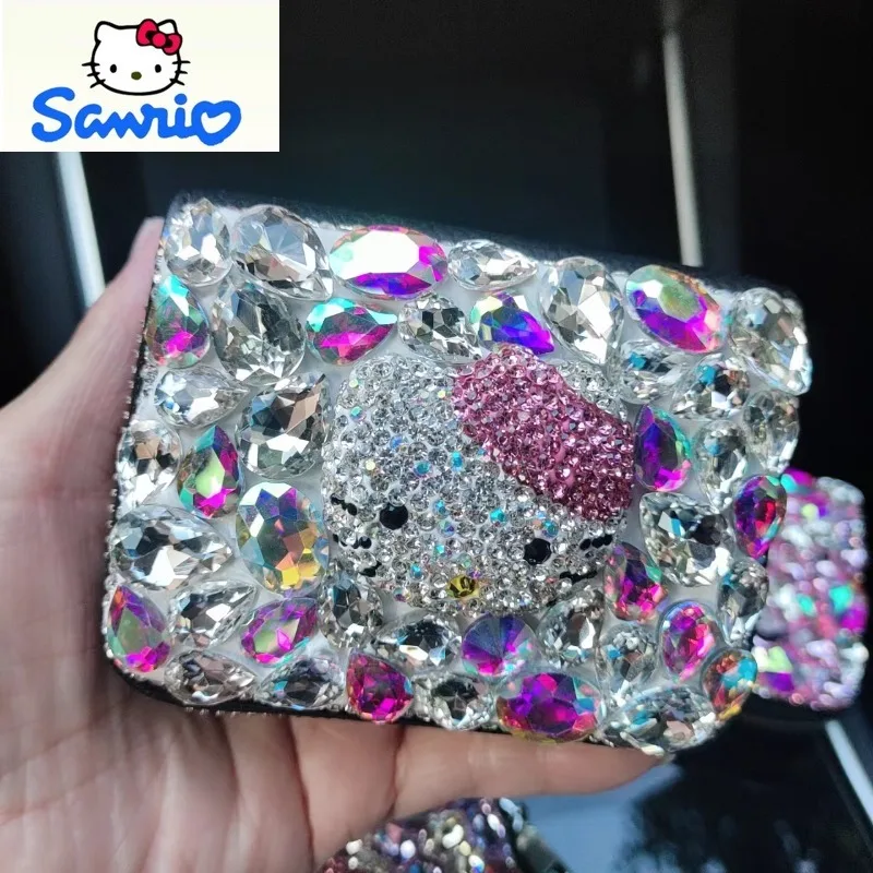 Sanrio High Quality Diamond Set Hello Kitty Sparkling Diamond Cartoon Card Bag for Women Multi functional Storage Wallet