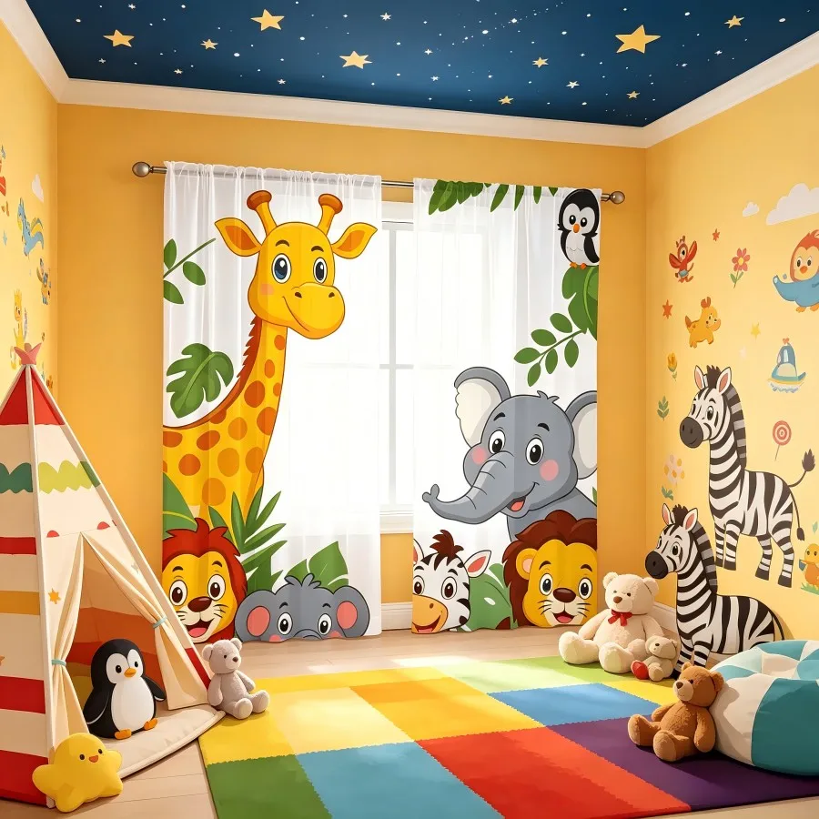 2PCS Digital Print Sheer Curtain, Cute Animal Cartoon Kawaii Fun Playful Window Drapes for Living Room Bedroom Home Decor