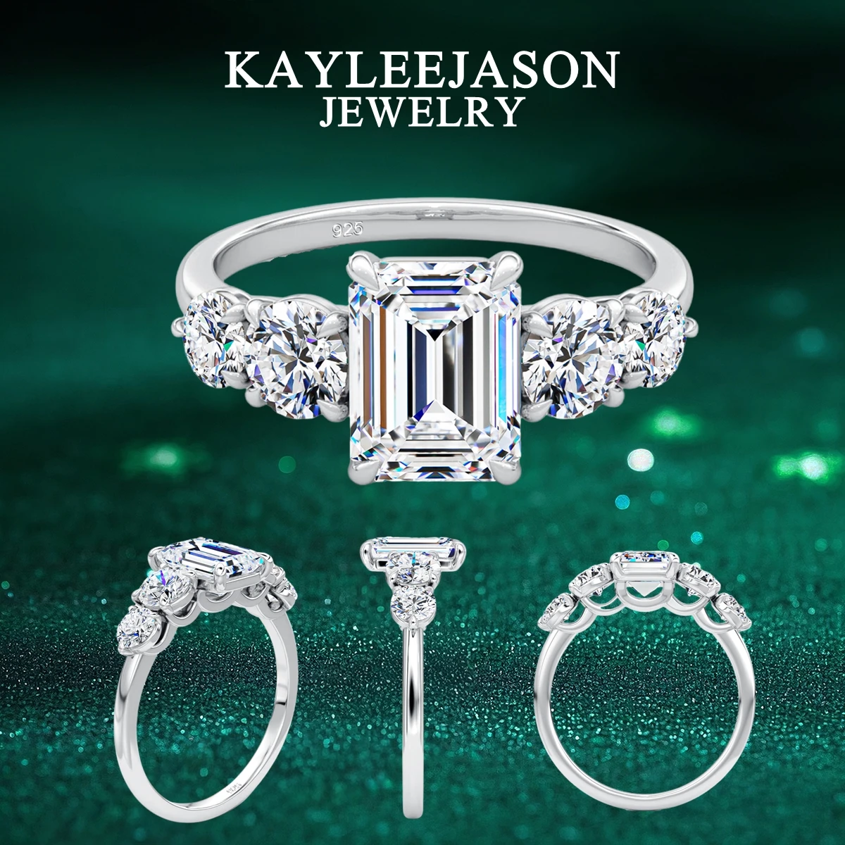 

925 Sterling Silver 2ct Emerald Cut Moissanite Rings for Women Zircon Rhinestone Finger Ring Trendy Wedding Engagement Jewelry