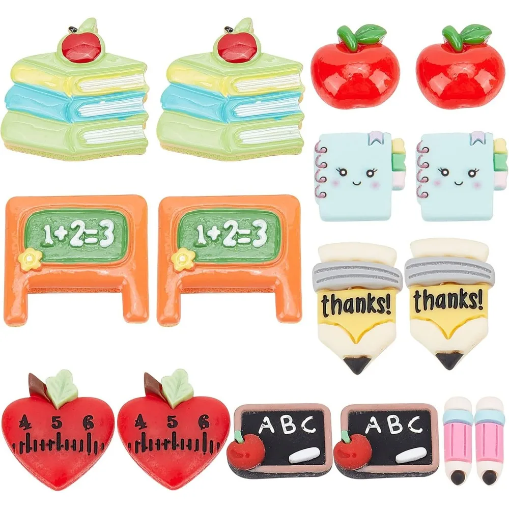 32Pcs Teacher Charms Flatback School Resin Cabochons Best Teacher Student Red Apple Cabochon Pencil Notebook Heart Flatback kits