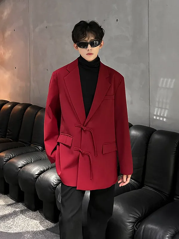 

Мужской пиджак свободного кроя с воротником-стойкой, винно-красный, весна-осень, винтажный, с китайскими пуговицами, повседневный, модный, мужская одежда