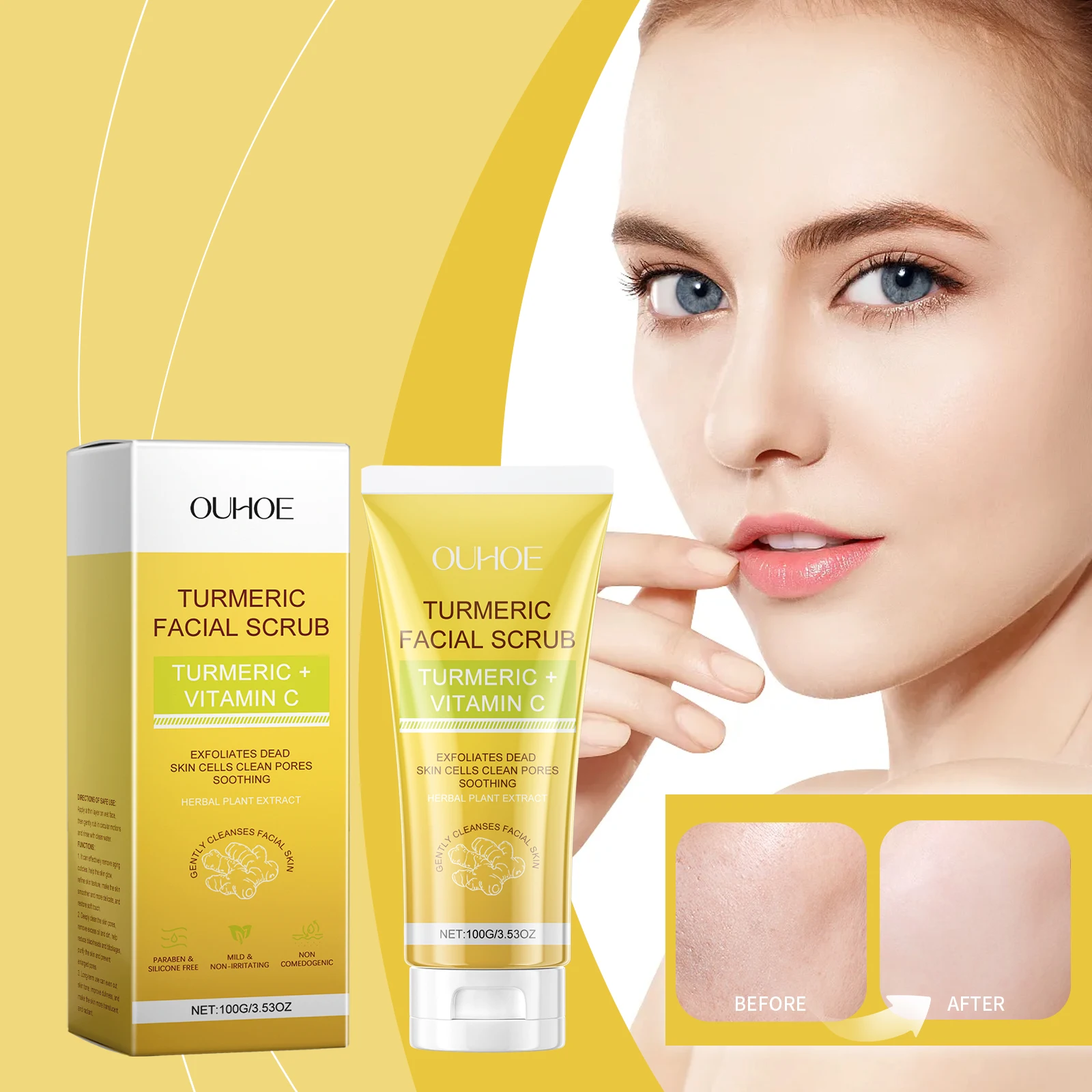 Gommage visage au curcuma et à la vitamine C – Gommage exfoliant pour le visage 100 g/3,53 oz pour éclaircir, nettoyer en profondeur les pores, élimination des peaux mortes