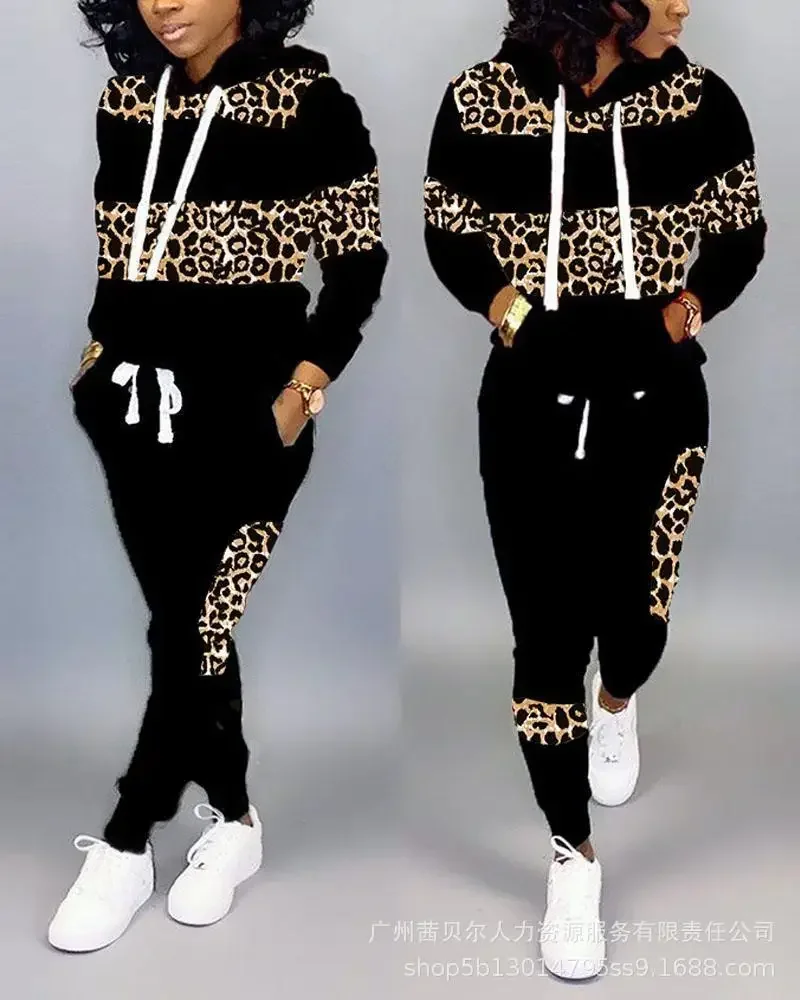 2024 Leopard Print Long Sleeve Hoodie & Pants Set Women Autumn Winter Sweartshirts High Waist Sweatpants