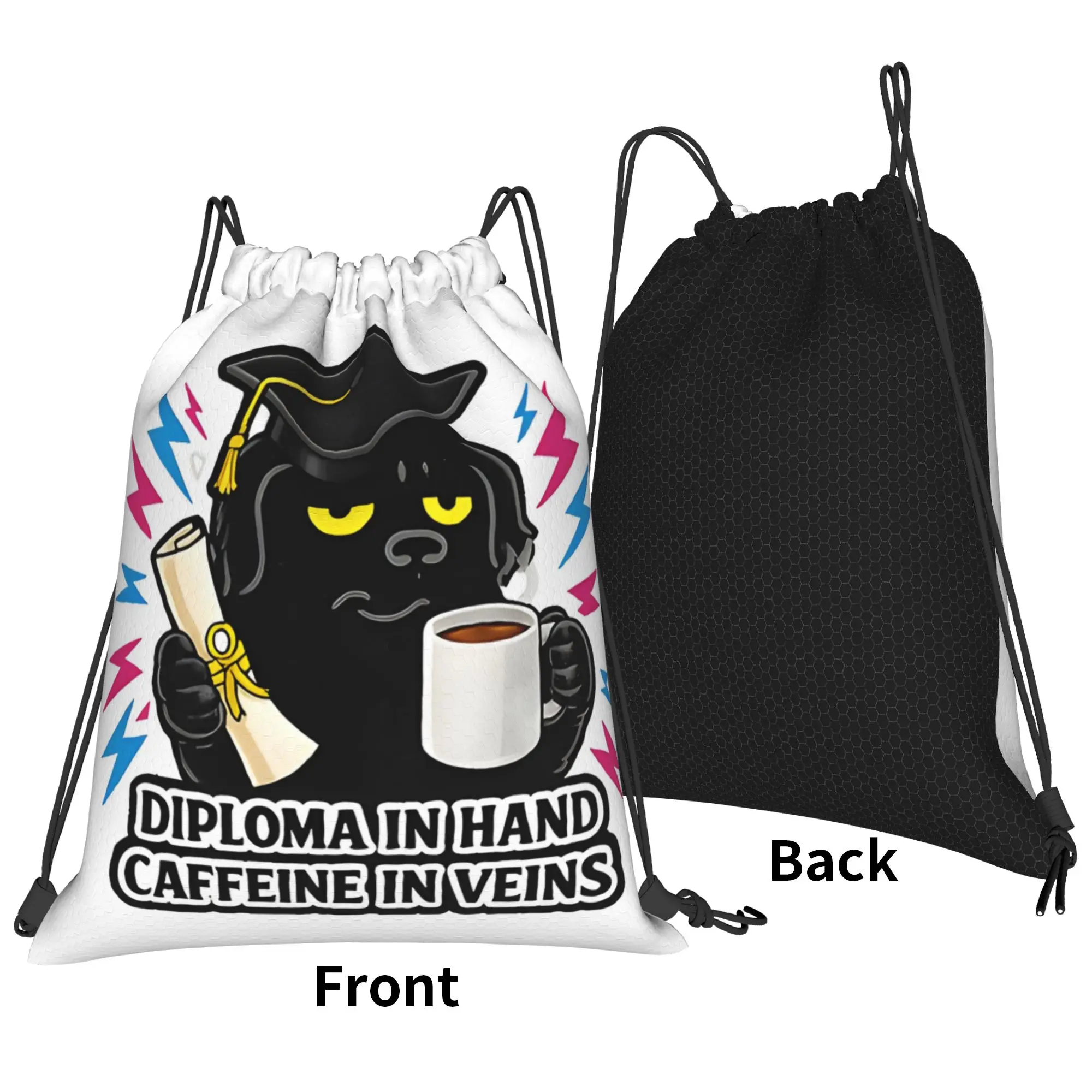 Diploma In Hand, Caffeine In Veins Graduation Portable Hiking Drawstring Bags Riding gym Backpack Grad Gife Storage Backpacks