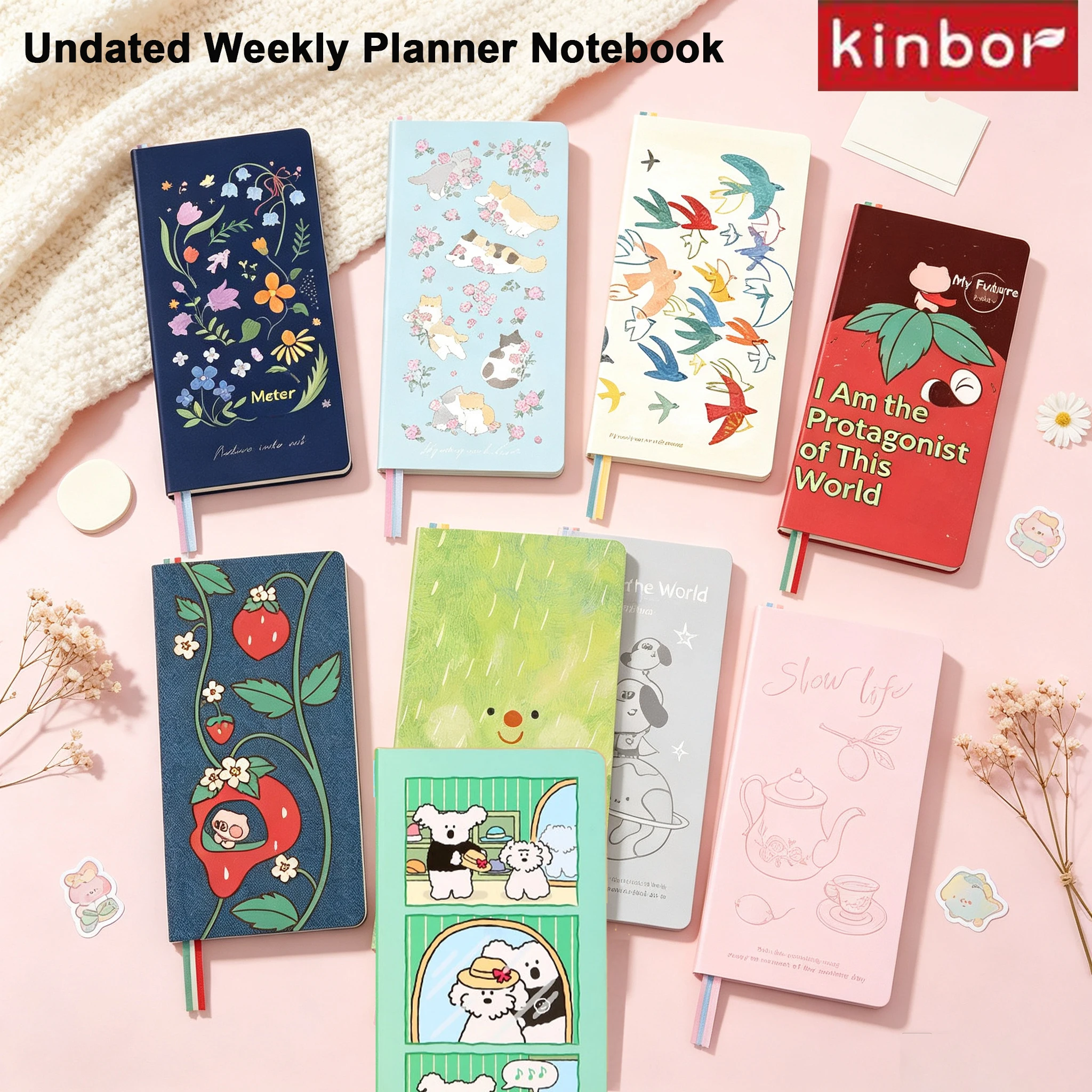 Kinbor Undated Weekly Planner Journal 88Sheetz Smooth Paper Cute Illustrated Schedule Notebook Day Time Management Student Tools