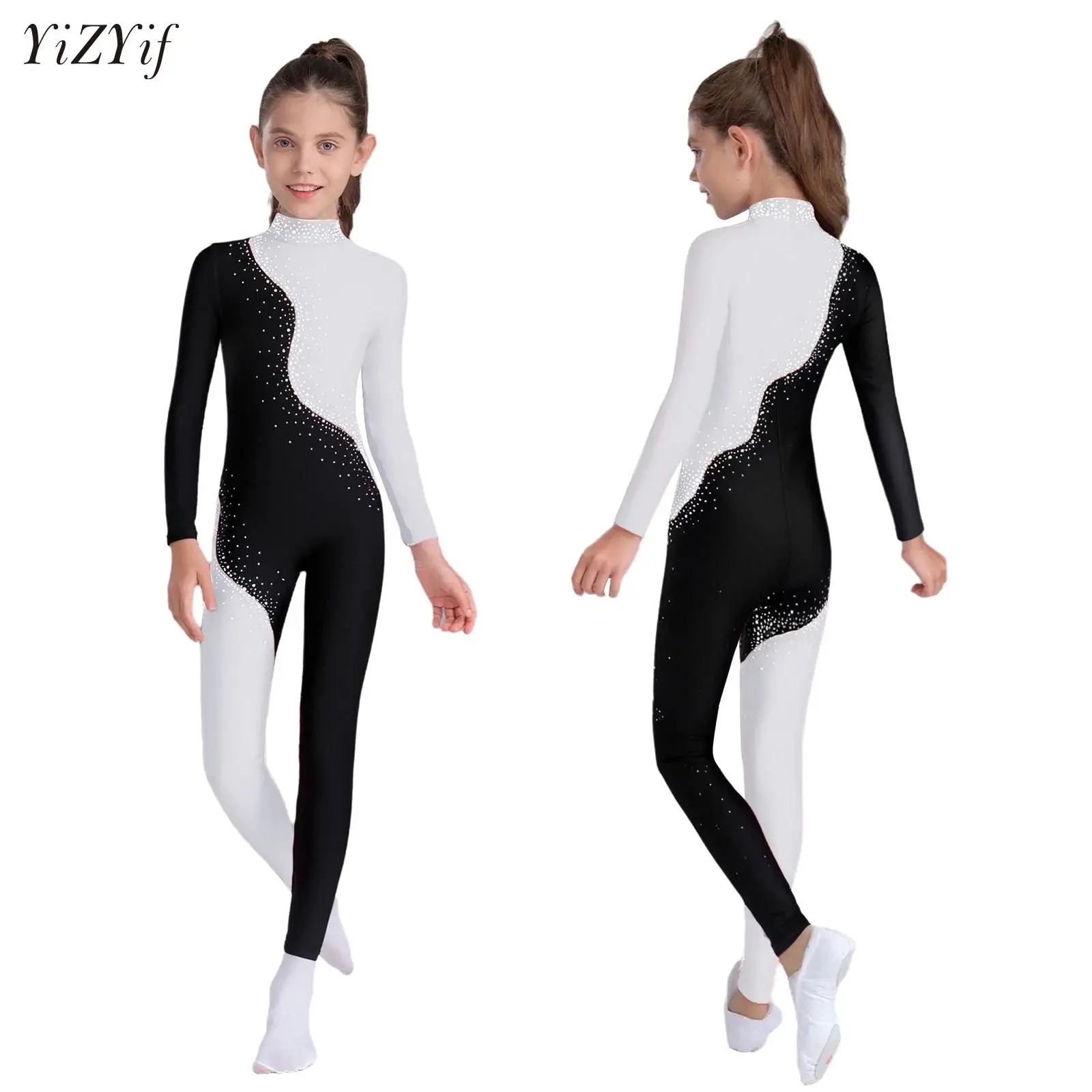 

Big Girls Ballet Dance Leotards Gymnastics Jersey Figure Skating Acrobatics Performance Costume Long Sleeve Rhinestones Jumpsuit
