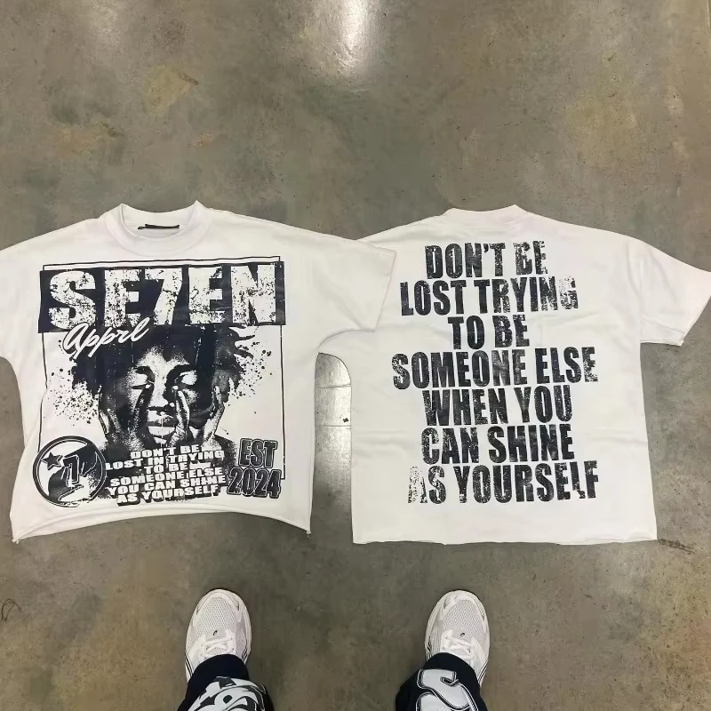 2026 Men Vintage Distressed Portrait Graphic T Shirt Grunge Streetwear Crewneck Tee