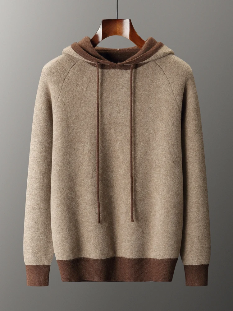 

TLOML Men's 100% Cashmere Sweater Color Blocking Hooded Pullover Autumn Winter Thicken Casual Soft Cashmere Knitwear Comfy Tops