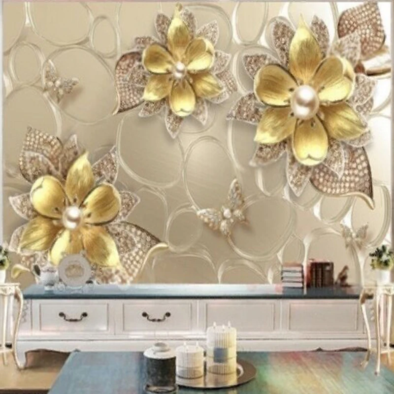 

MU9066 Luxurious and grand golden jewelry pearl flower stamens flower butterflies TV home decoration bedroom background