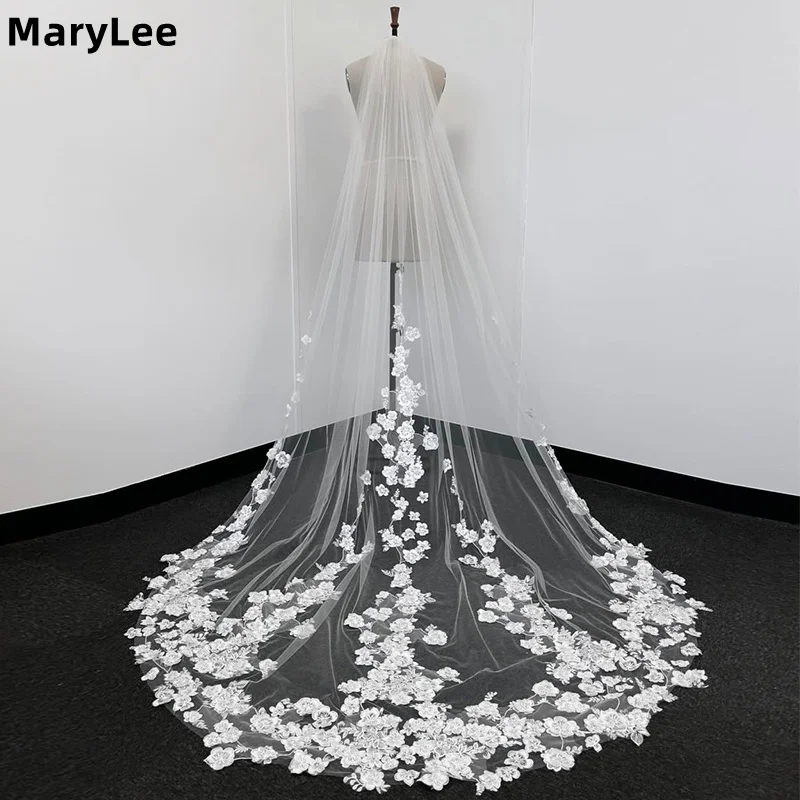 

1-слойная кружевная свадебная фата с вышивкой и расческой, индивидуальная длинная фата из мягкого тюля цвета слоновой кости для невесты Velo De Novias