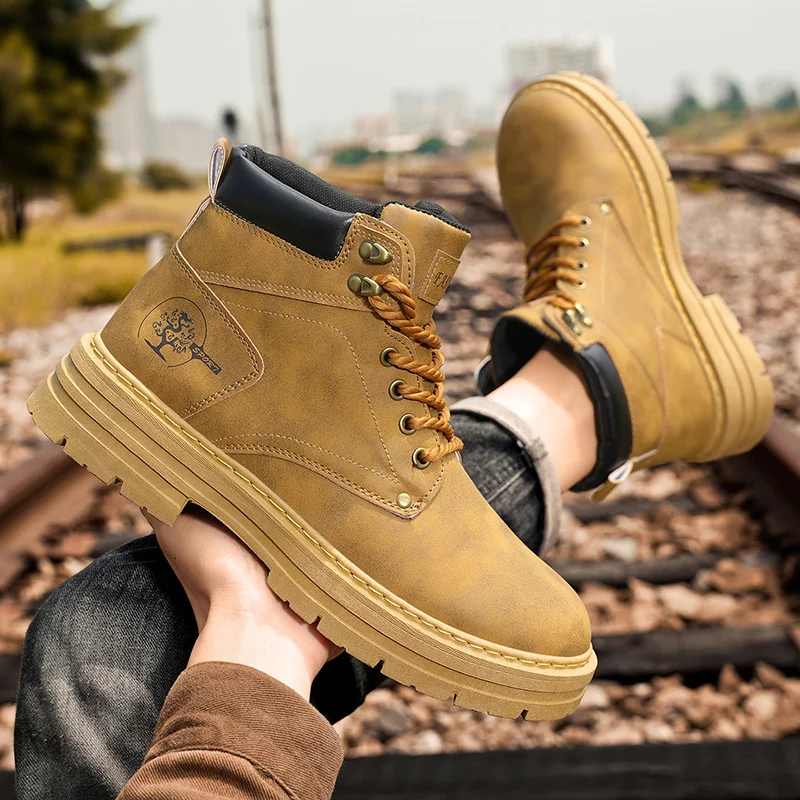 

Fashion Men Boots Spring Comfortable Platform Leather Shoes Men Trend Brown Non-slip Work Boots for Men Casual Shoe Cowboy Boots