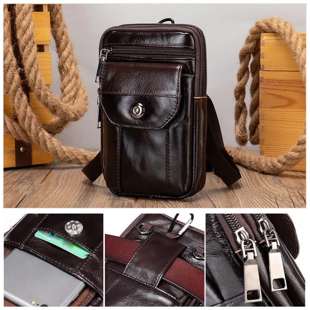 WESTAL Genuine Leather Waist Belt Bag for Phone Purse Small Waist Pack Black Sports Bags Man