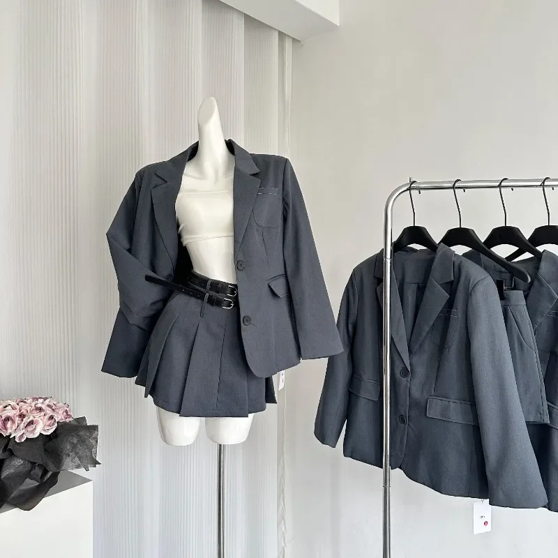 

Korean Fashion Autumn New Women Two Piece Skirt Sets Preppy Style Long Sleeve Blazer Jacket + High Waist A Line Pleated Skirt